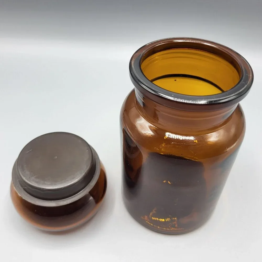 Vintage Amber Brown Glass Apothecary Jar With Bubble Lid Made In Belgium